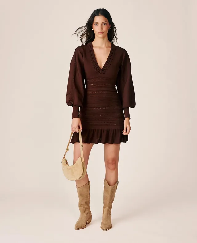 alma-en-pena-strick-minikleid-mit-lochmuster-und-wickel-v-ausschnitt-in-braun image 1