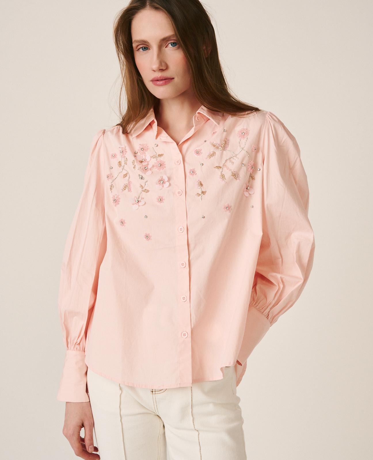 alma-en-pena-bluse-rosa-mit-strass-blumen-langarm-baumwoll-poplin-hemd image 2