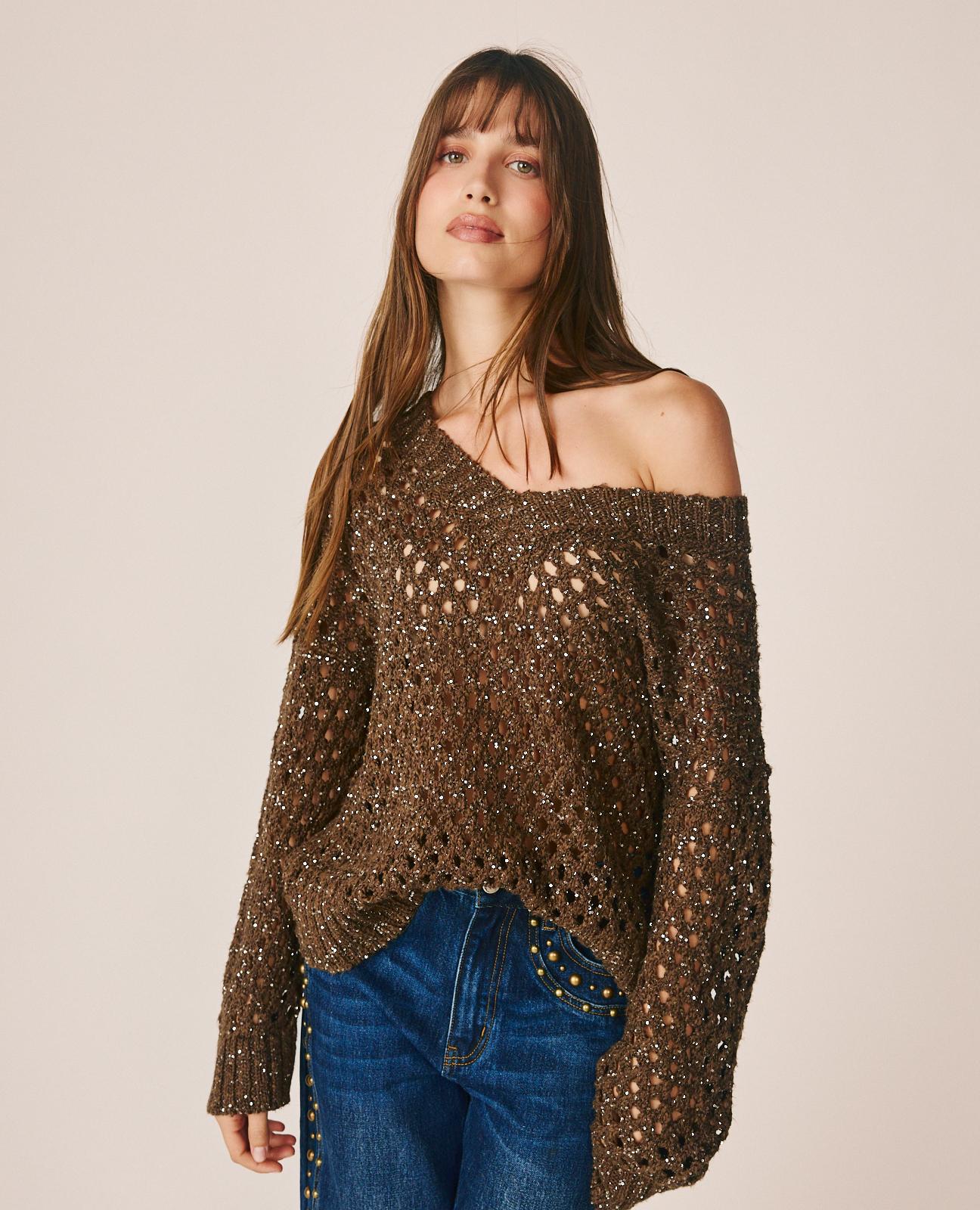alma-en-pena-ajour-strickpullover-mit-v-ausschnitt-und-pailletten image 3