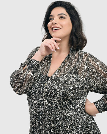 alembika-floral-crinkle-midi-kleid-ivory-black image 2
