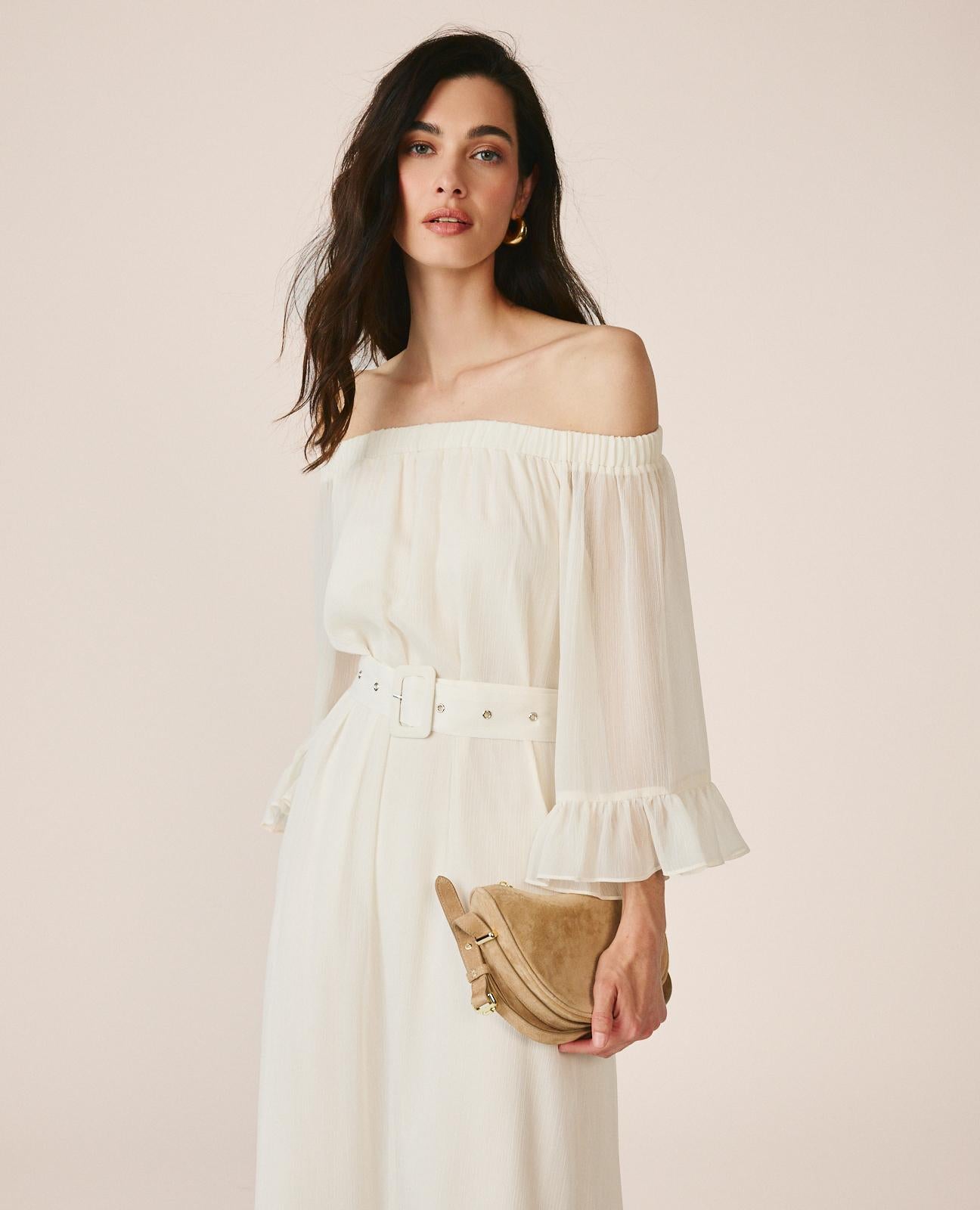 alma-en-pena-midi-kleid-mit-volant-rmeln-und-bardot-ausschnitt-in-wei image 7