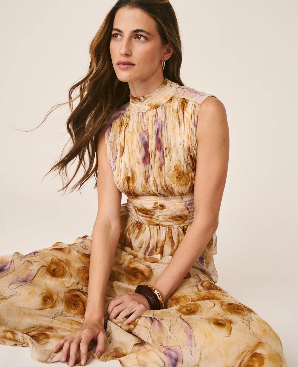 alma-en-pena-rmellose-chiffon-bluse-mit-aquarell-print-und-peplum-r-sche-senf image 1