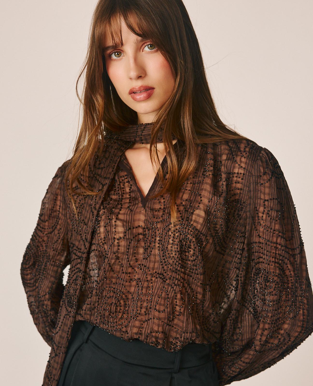 alma-en-pena-organza-bluse-braun-gestreift-mit-perlen-und-bindehals image 3