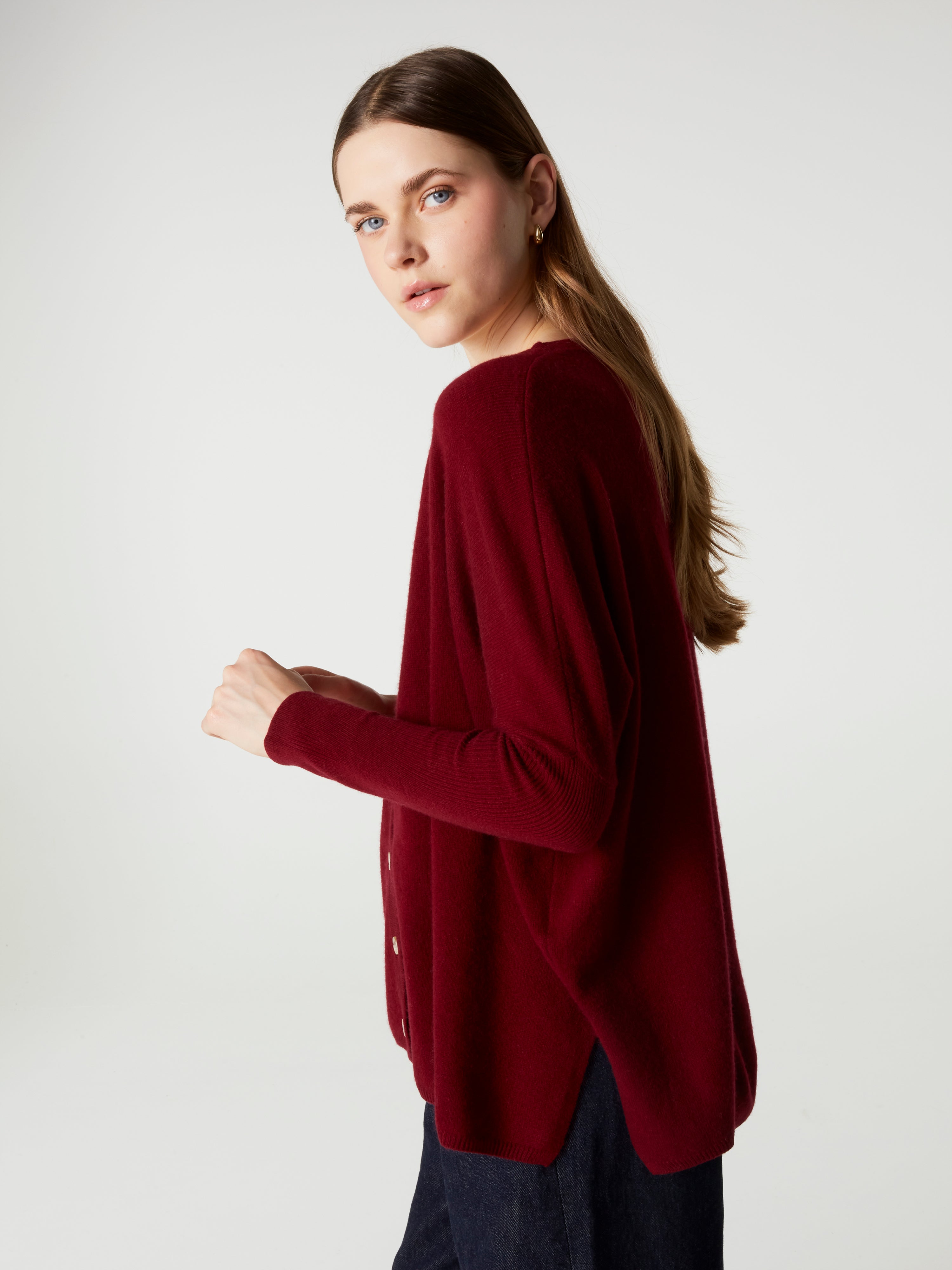 absolut-alison-damen-kaschmir-poncho-cardigan-v-ausschnitt-kirschrot image 3