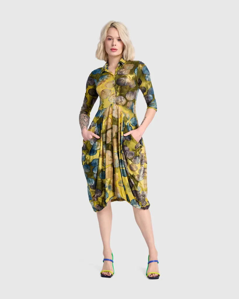alembika-meadowlark-draped-pockets-kleid-gold-ocean-dots image 1