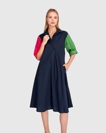 alembika-splash-popover-dress-navy-multi-a-linie-midi-baumwolle image 2