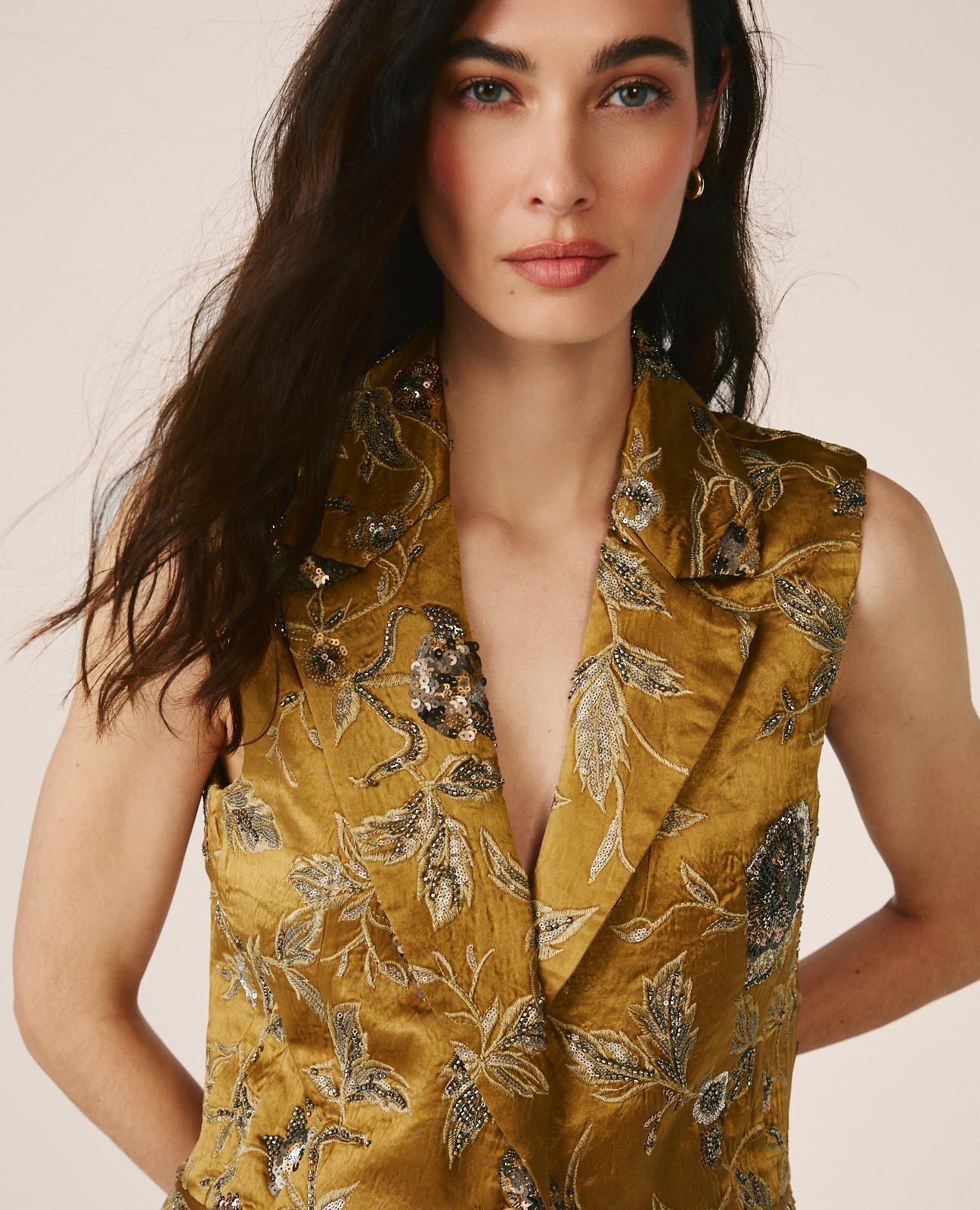 alma-en-pena-floral-vest-taillierte-satin-weste-khaki image 8