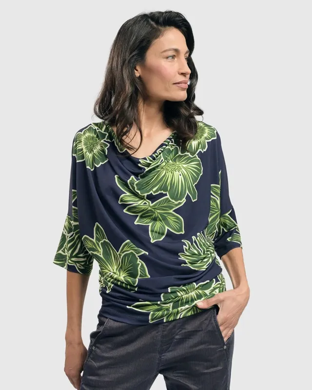 alembika-moku-draped-dolman-top-royal-green-floral-shirt image 1
