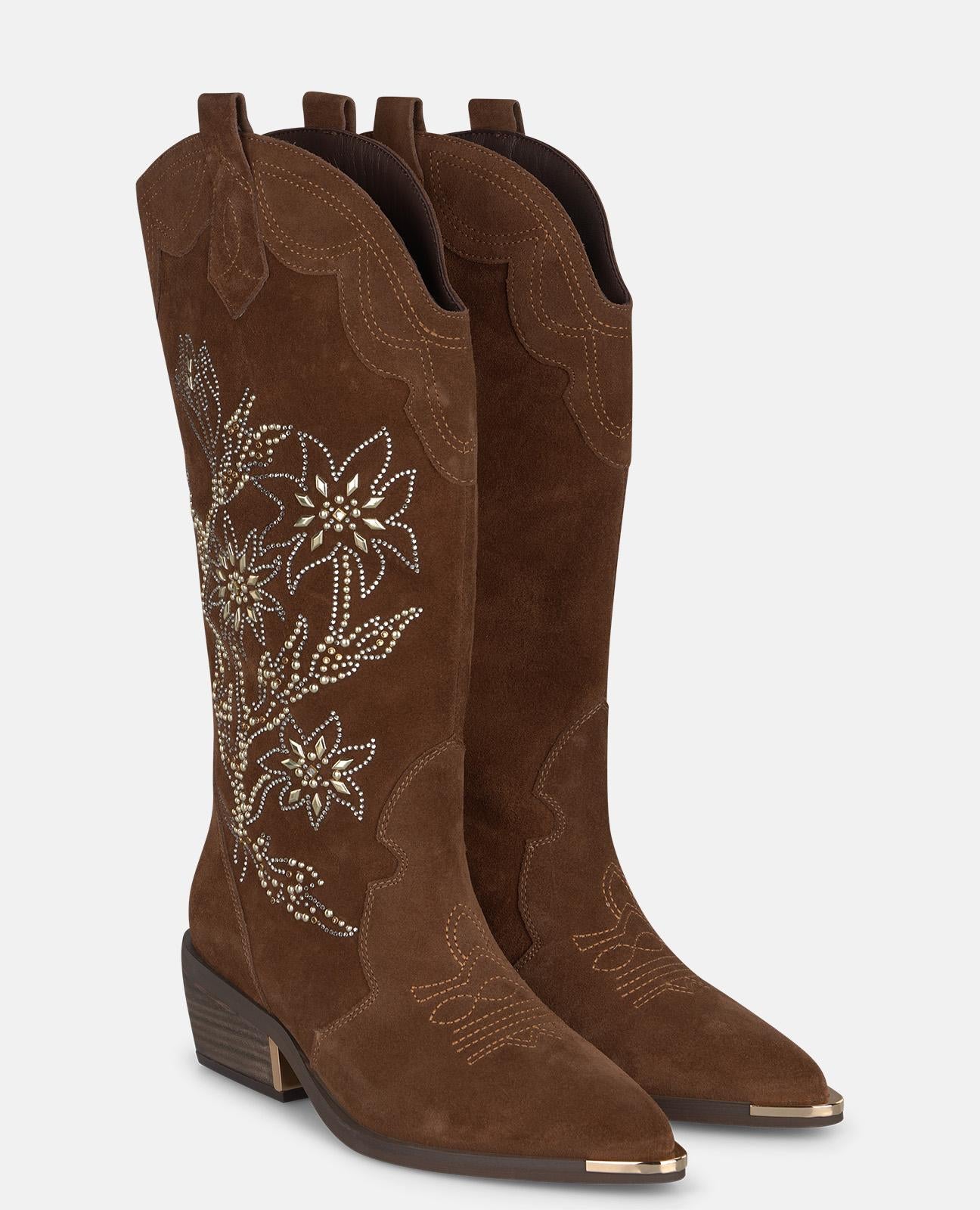 alma-en-pena-floral-suede-cowboy-boots-damen-kniehoch-camel-mit-stickerei image 3