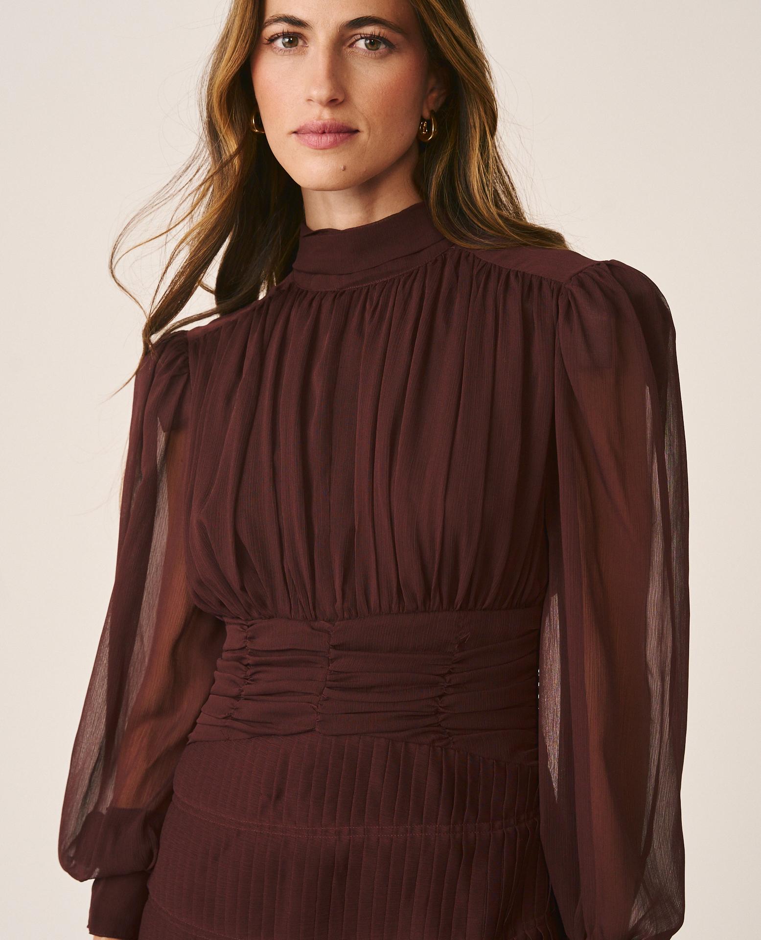 alma-en-pena-chiffon-minikleid-braun-perkinskragen-langarm image 5