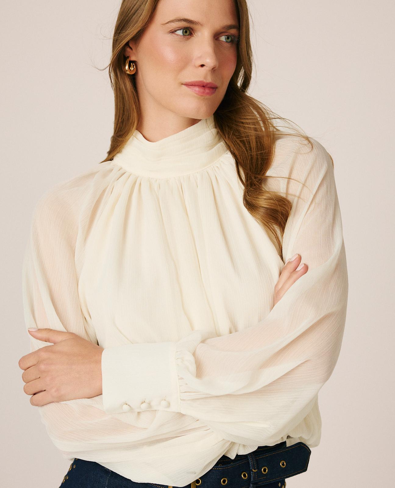alma-en-pena-chiffon-bluse-mit-drapierung-wei-e-bluse-mit-puff-rmeln image 3