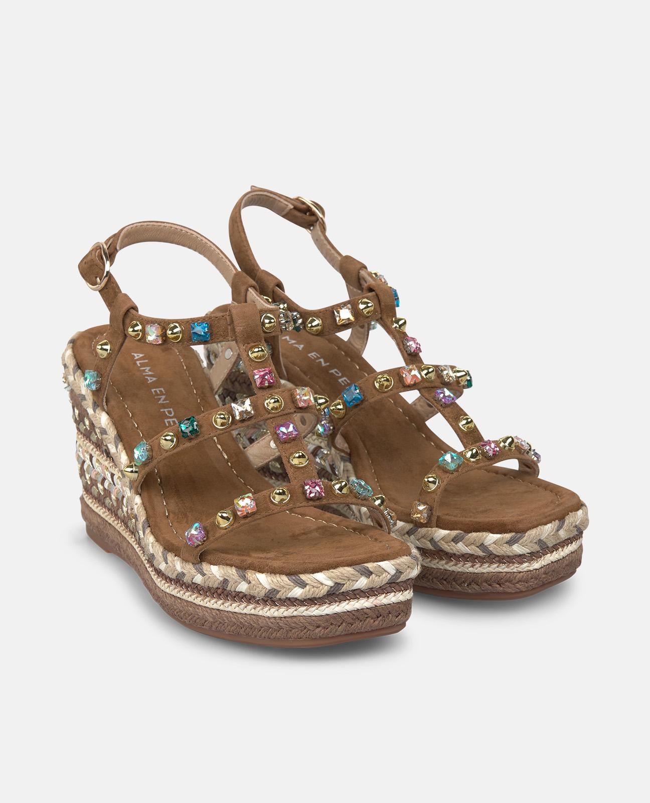 alma-en-pena-espadrille-keil-t-riemen-strass-nieten-9-5-cm-caramelo image 2