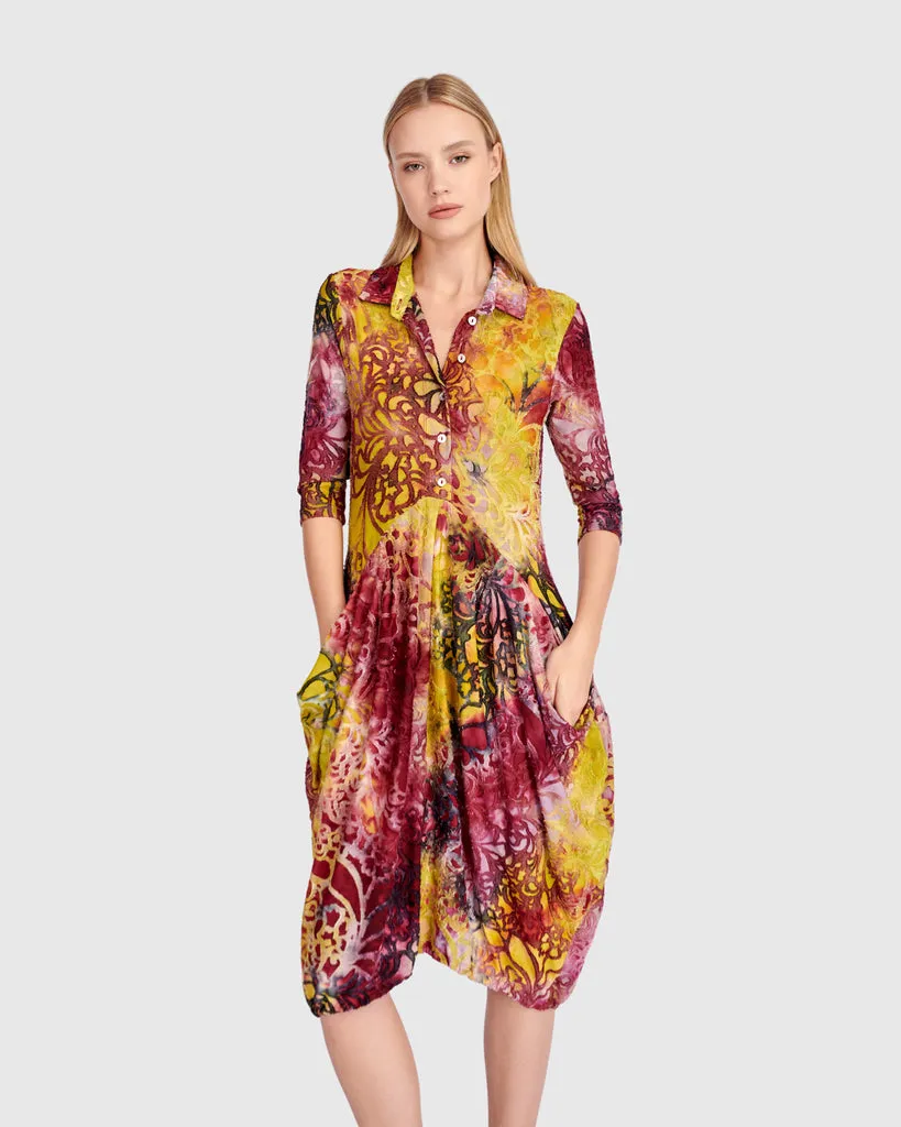 alembika-tangle-draped-pockets-kleid-raspberry-gold image 1