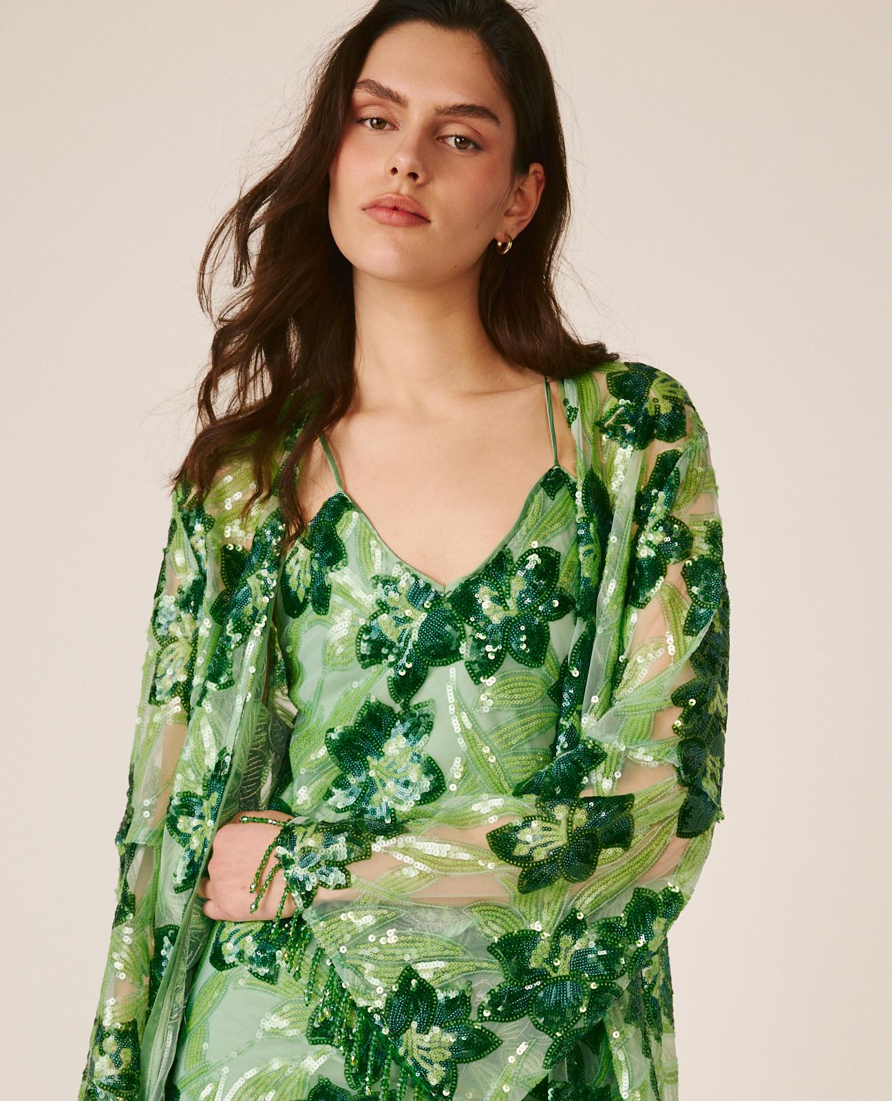 alma-en-pena-pailletten-kaftan-gr-n-mit-blumendruck image 2