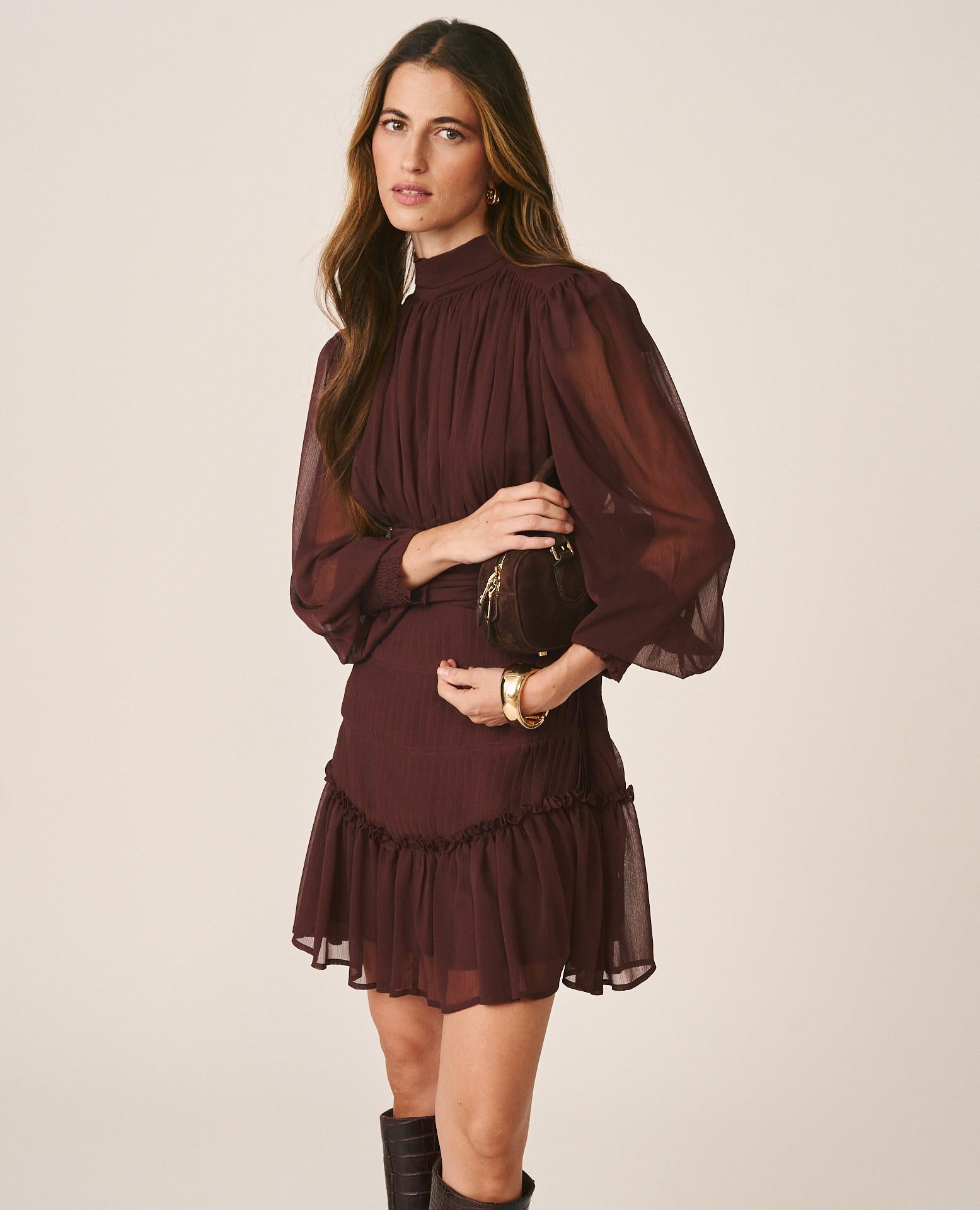 alma-en-pena-chiffon-minikleid-braun-perkinskragen-langarm image 1