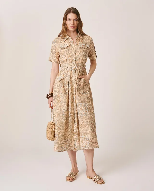alma-en-pena-mosaik-midi-kleid-kurzarm-hemdkragen-braun image 1