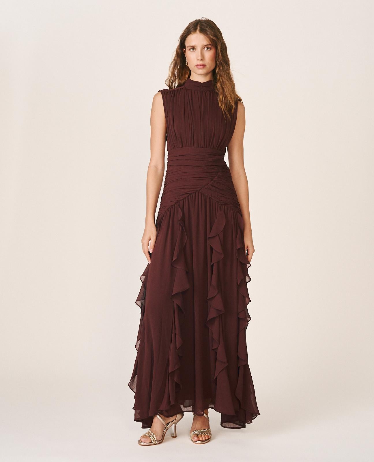 alma-en-pena-langes-kleid-mit-r-schen-braun-rmellos image 1