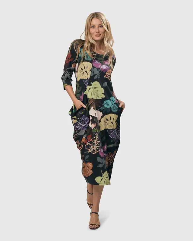 alembika-bali-draped-pocket-dress-leaves-multi-damen-jerseykleid-midi image 1