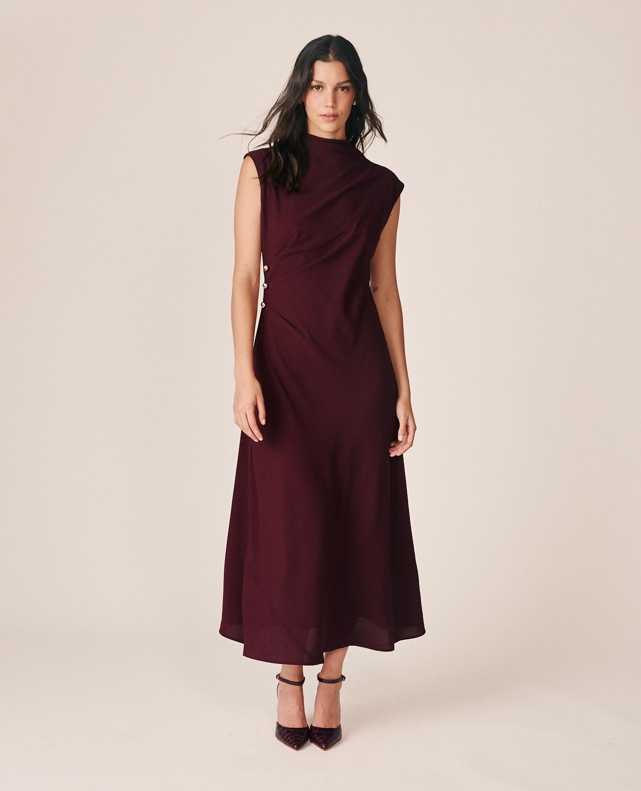 alma-en-pena-langes-crepe-kleid-bordeaux-rmellos-mit-drapierung image 1