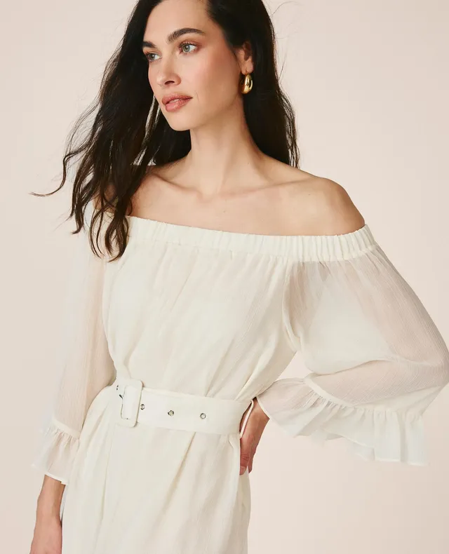 alma-en-pena-midi-kleid-mit-volant-rmeln-und-bardot-ausschnitt-in-wei image 1