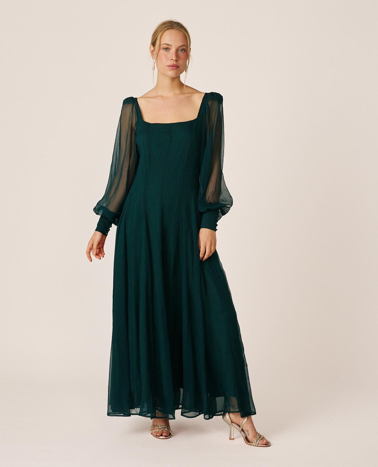 alma-en-pena-long-chiffon-kleid-gr-n-mit-puff-rmel image 2