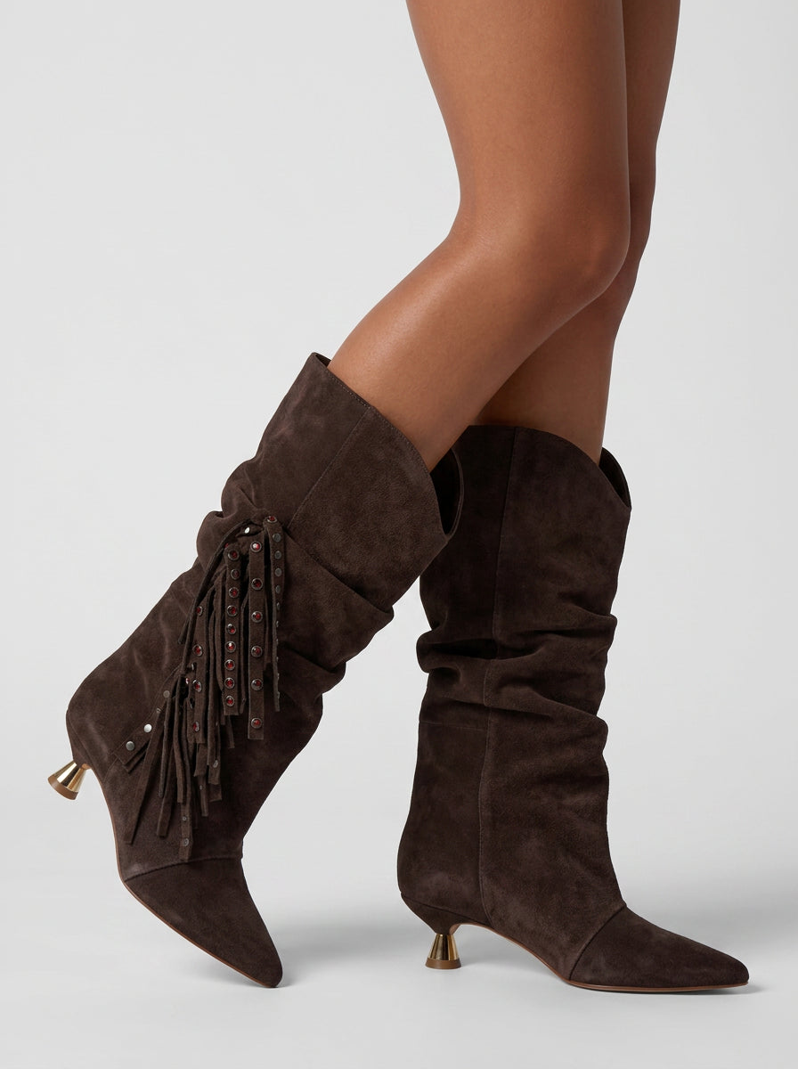 alma-en-pena-suede-ankle-boots-mit-fransen-braune-stiefeletten-mit-blockabsatz image 5