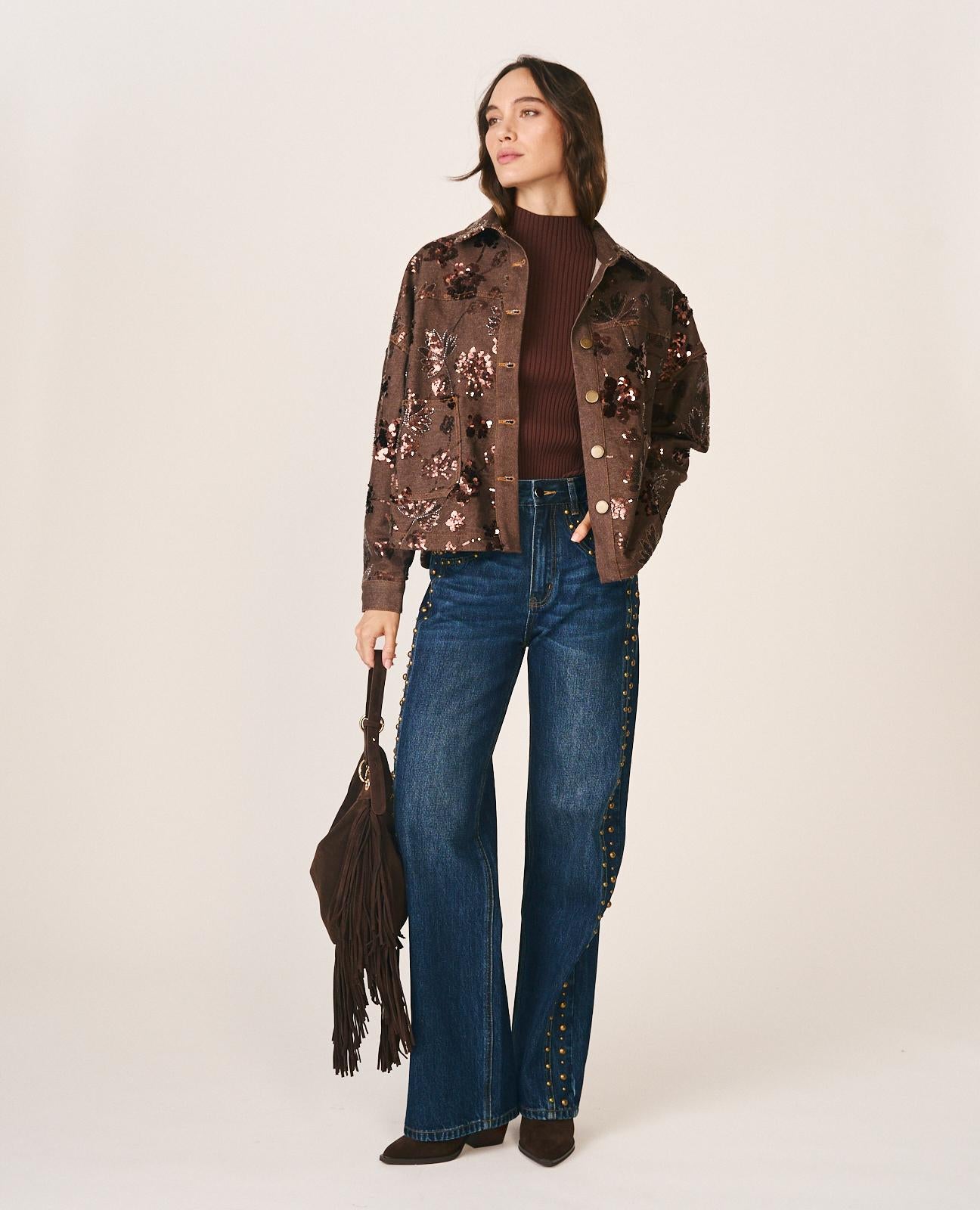 alma-en-pena-jeansjacke-aus-twill-mit-blumenstickerei-braun-perlen-und-paillette image 6