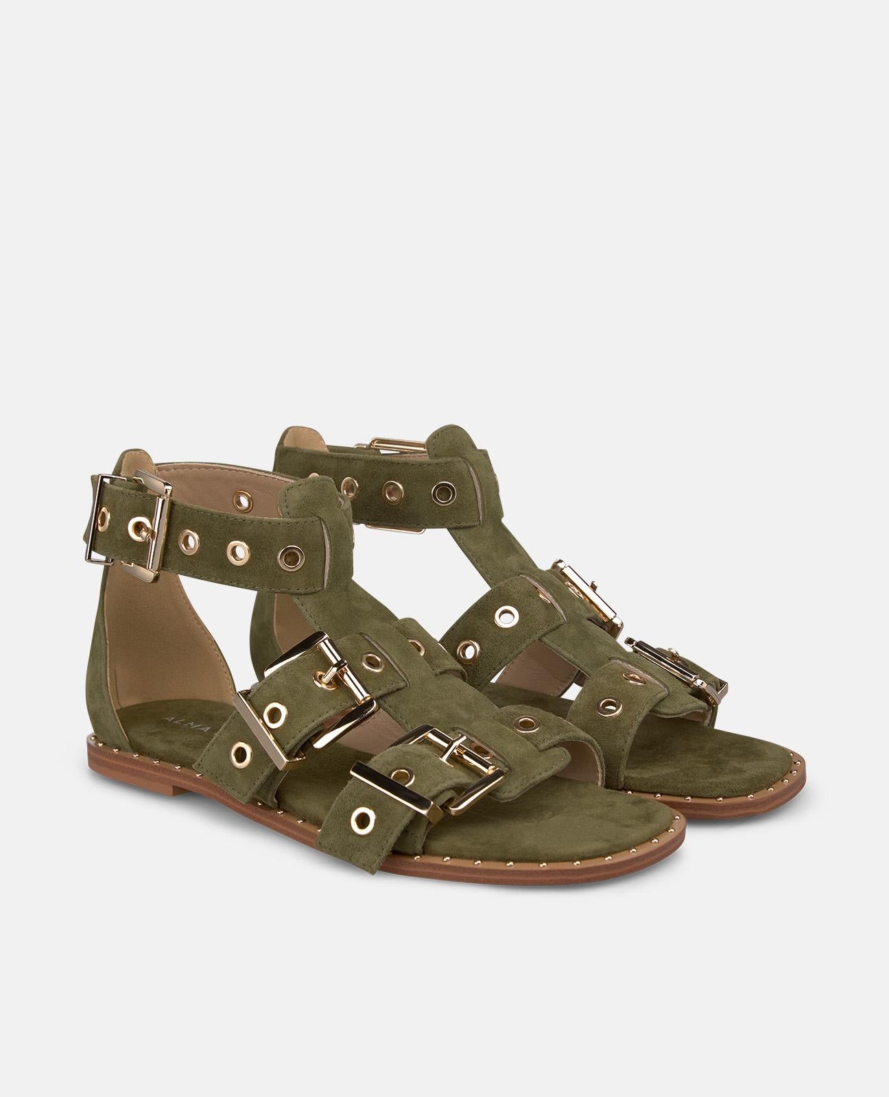 alma-en-pena-flache-sandale-mit-breiter-schnalle-t-riemen-in-khaki image 2