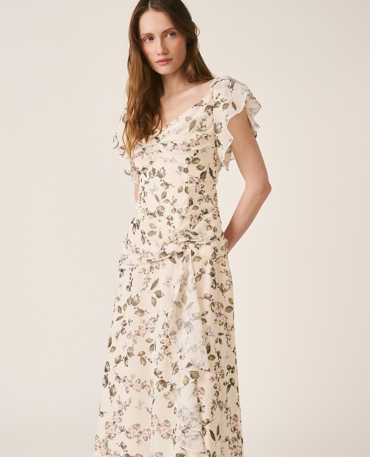 alma-en-pena-cape-sleeve-dress-langes-blumenkleid-gr-n-mit-v-ausschnitt image 2
