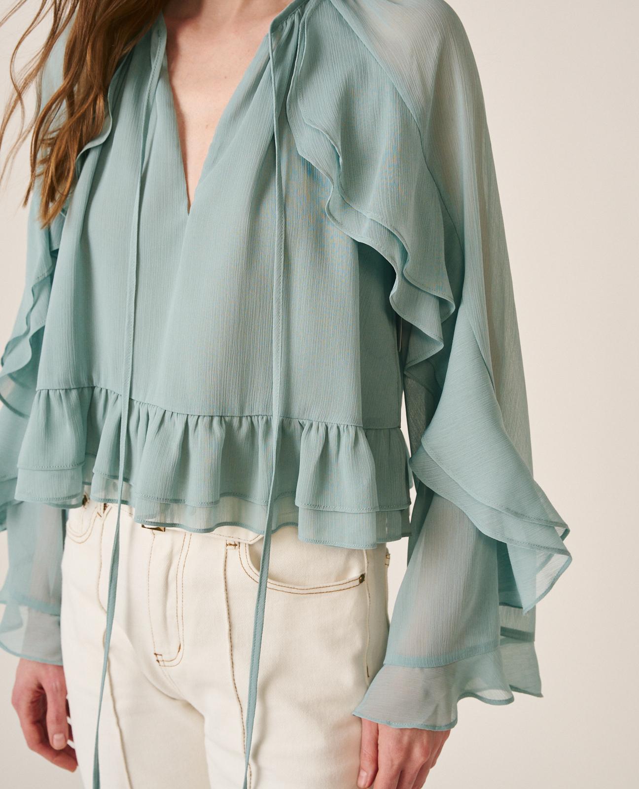 alma-en-pena-langarm-chiffon-bluse-mit-r-schen-rmeln-und-v-ausschnitt-jade image 4