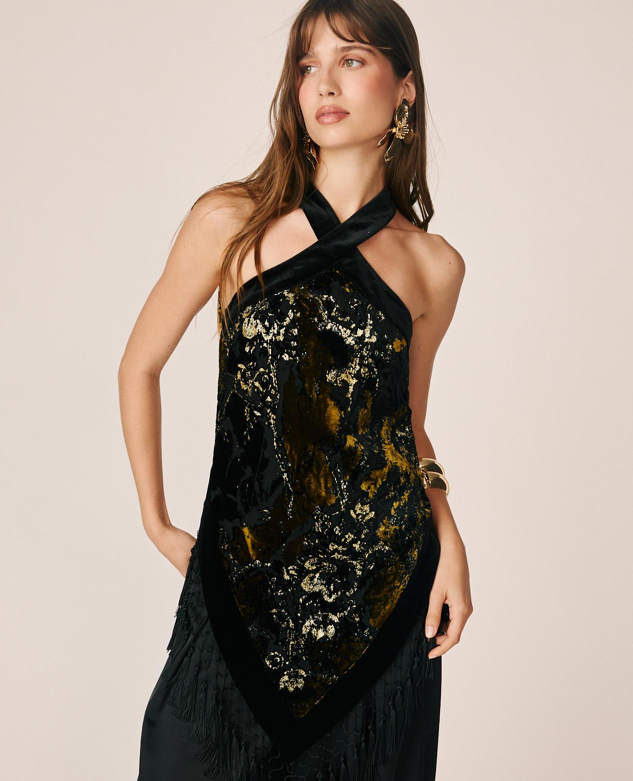 alma-en-pena-abstract-printed-halter-top-schwarz-devor-samt-top-mit-quasten image 4