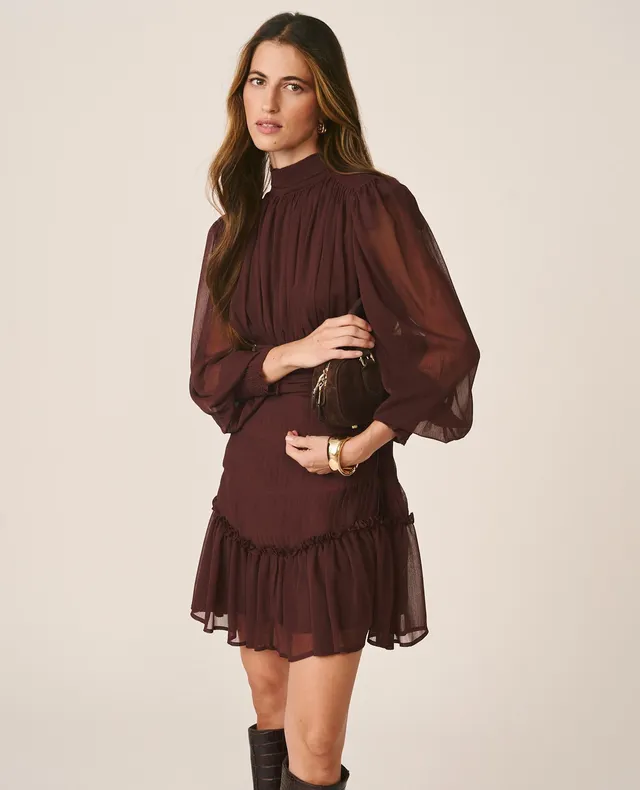 alma-en-pena-chiffon-minikleid-braun-perkinskragen-langarm image 1