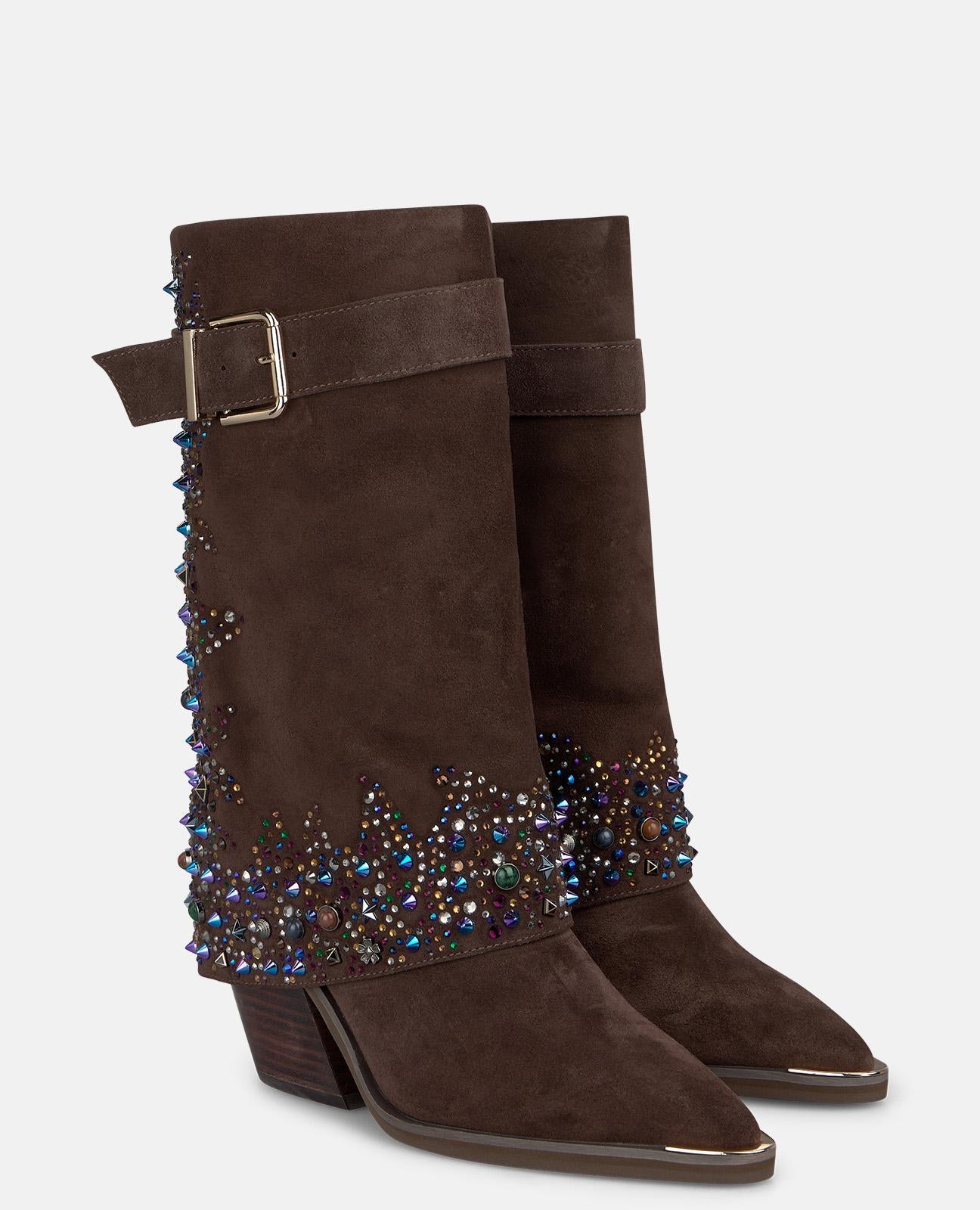 alma-en-pena-stiefelette-cowboy-braun-mit-strass-und-blockabsatz-8-cm image 2