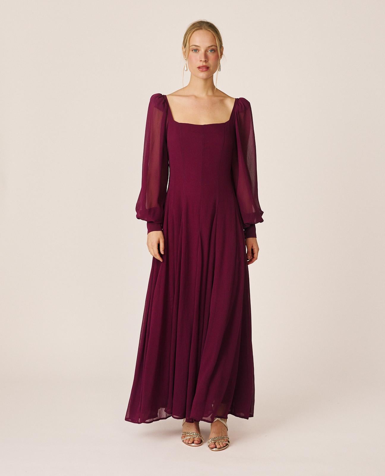 alma-en-pena-alfa-64474-chiffon-maxikleid-bordeaux-langarm image 1