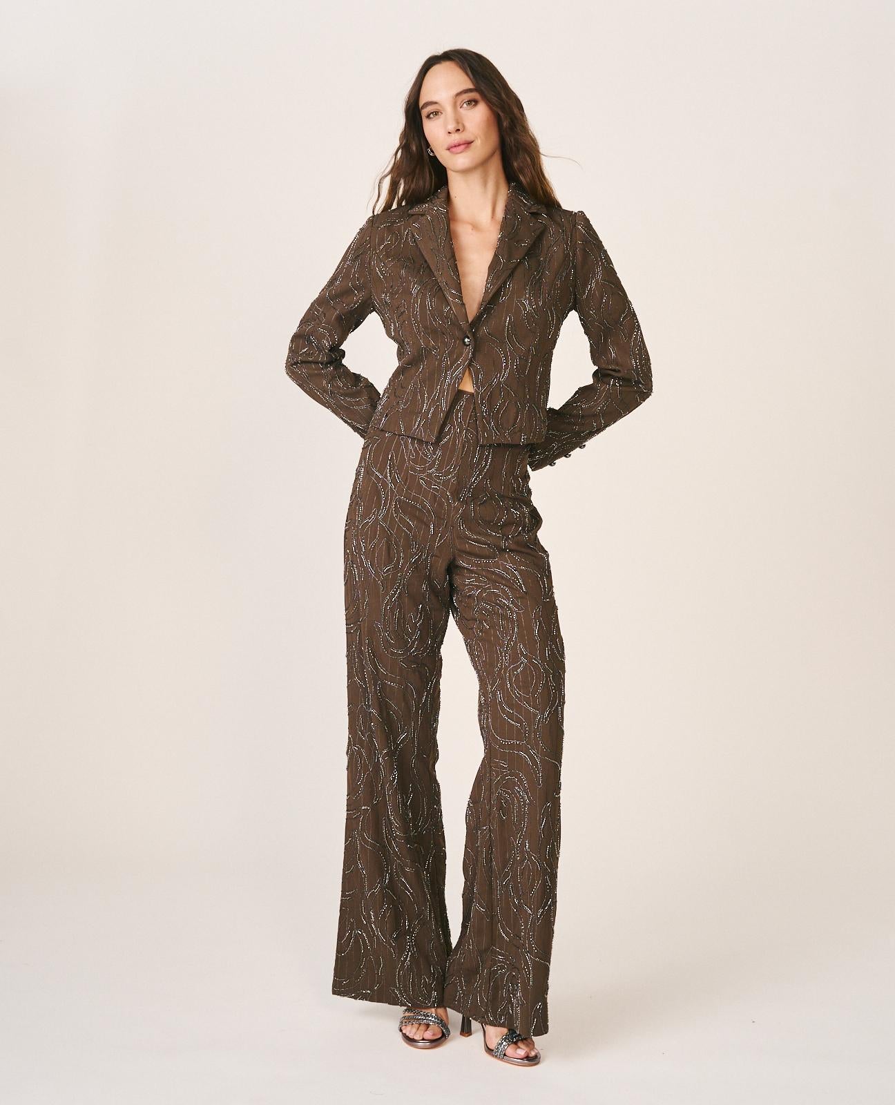 alma-en-pena-gerade-nadelstreifen-hose-khaki-stretch-hose-mit-glanz image 2