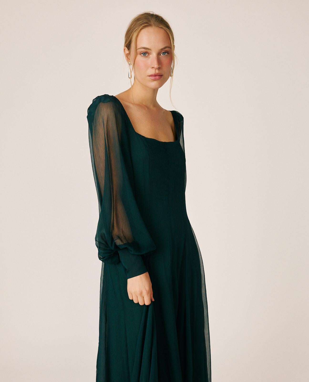 alma-en-pena-long-chiffon-kleid-gr-n-mit-puff-rmel image 3