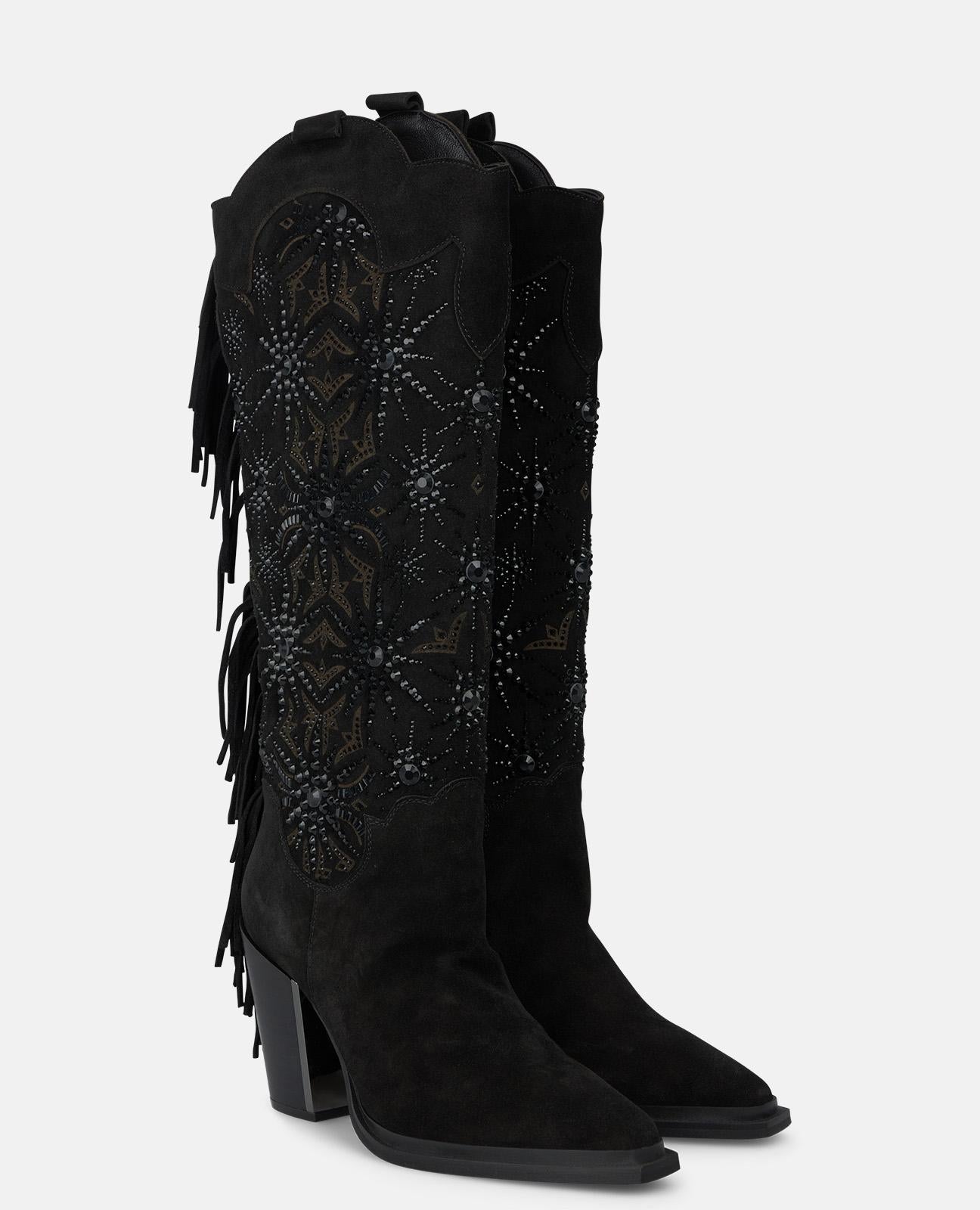 alma-en-pena-stiefelette-schwarz-9-5-cm-mit-strass-und-fransen image 2
