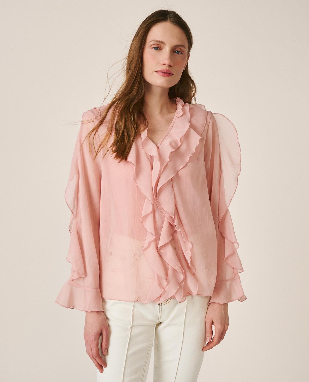 alma-en-pena-bluse-mit-r-schen-rosa-langarm-v-ausschnitt image 2