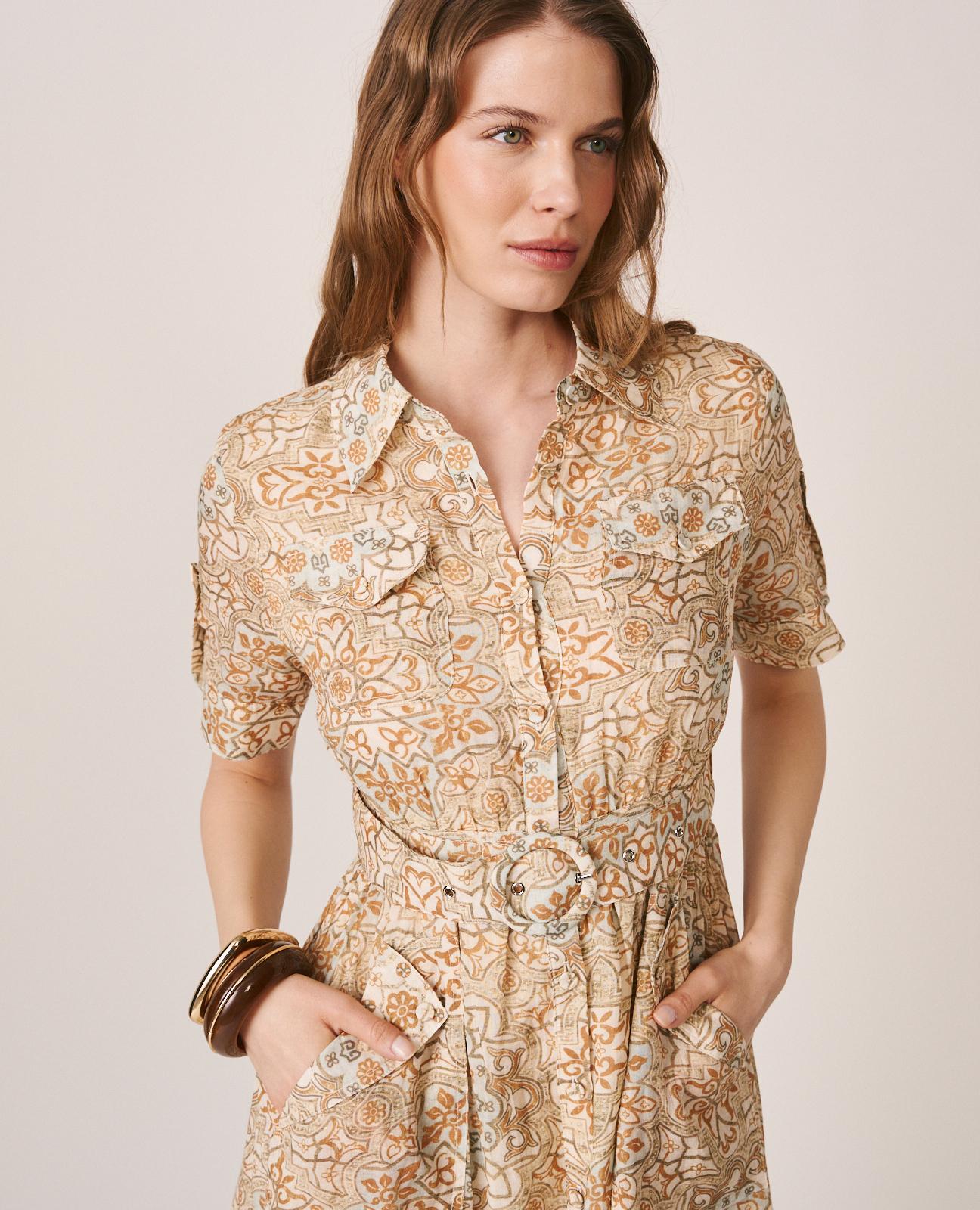 alma-en-pena-mosaik-midi-kleid-kurzarm-hemdkragen-braun image 4