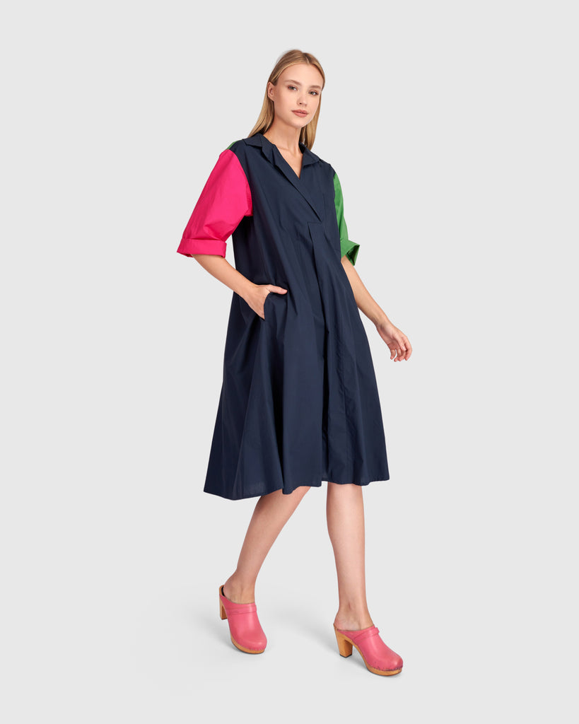 alembika-splash-popover-dress-navy-multi-a-linie-midi-baumwolle image 1