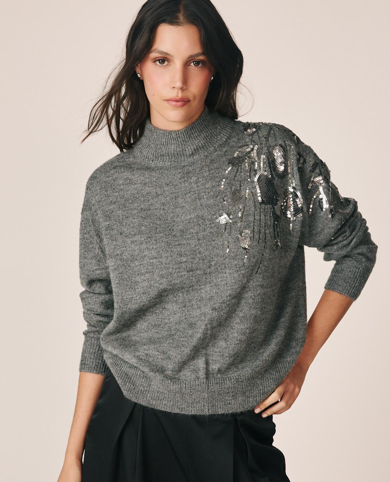 alma-en-pena-rollkragenpullover-grau-mit-pailletten-stickerei image 1