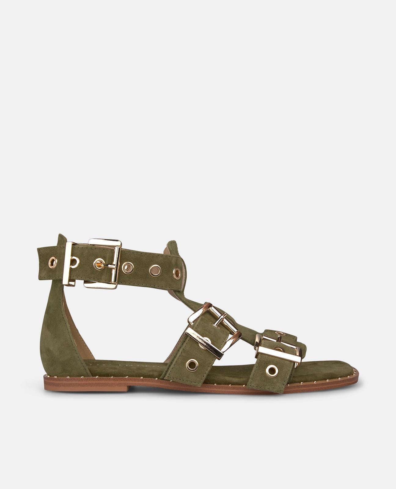 alma-en-pena-flache-sandale-mit-breiter-schnalle-t-riemen-in-khaki image 1