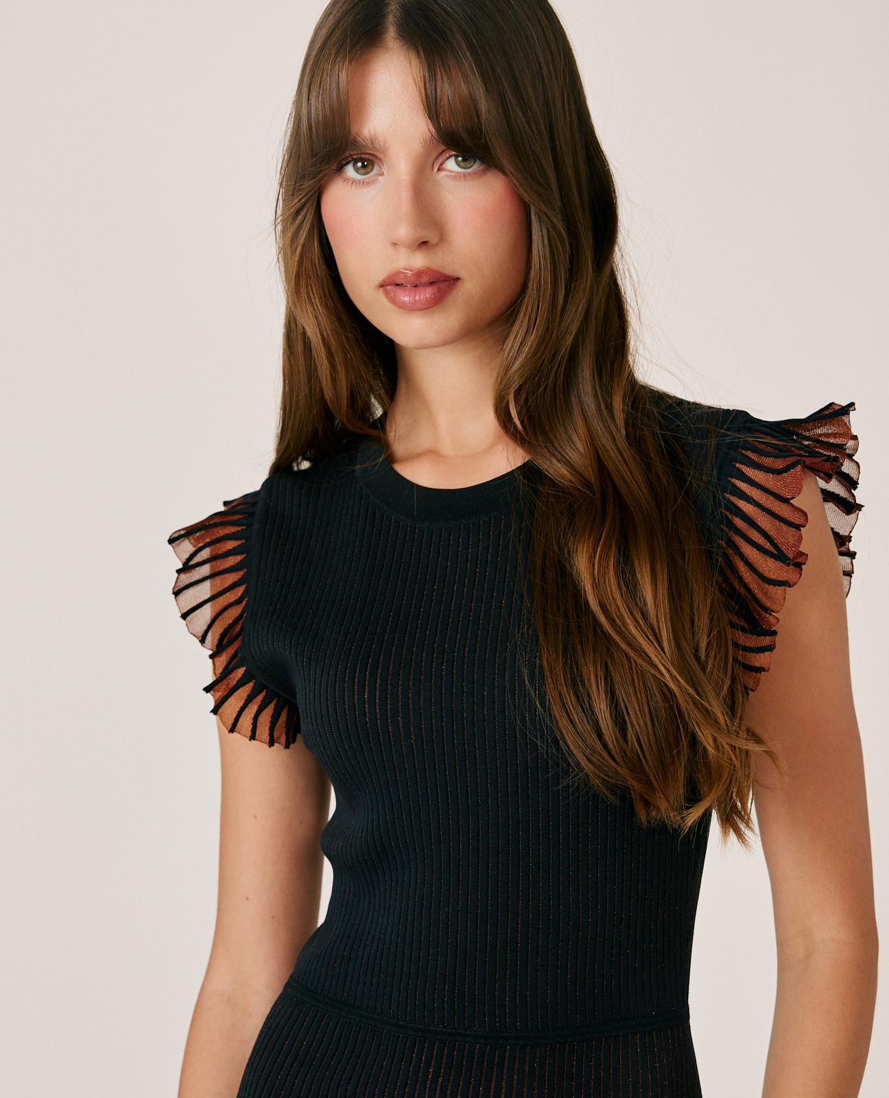 alma-en-pena-ribbed-midi-kleid-schwarz-mit-fransen-figurbetont image 3