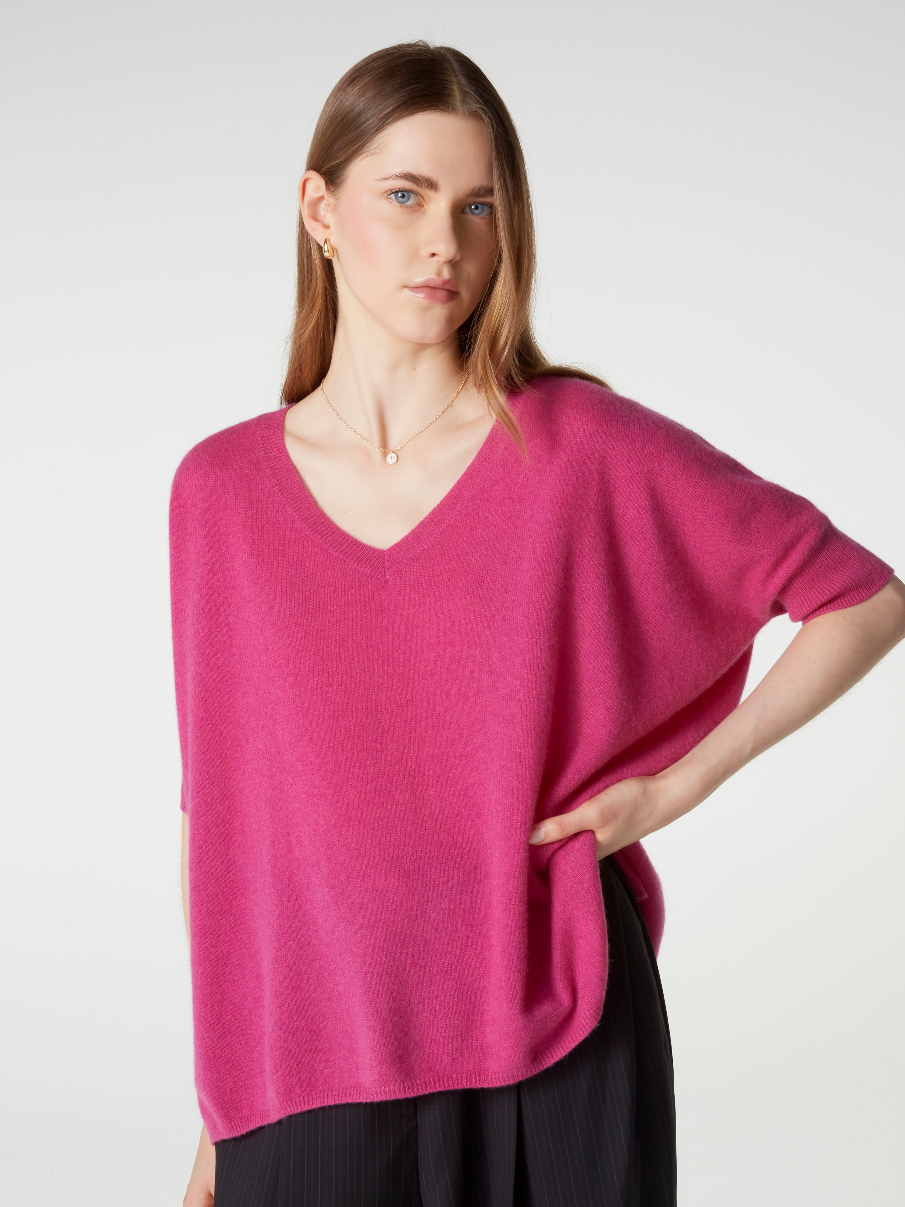 absolut-kate-damen-kaschmir-poncho-pullover-v-ausschnitt-himbeer-melange image 5
