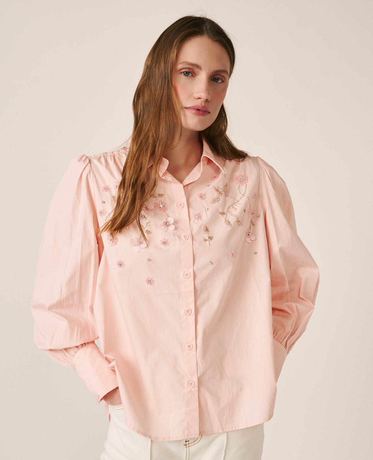 alma-en-pena-bluse-rosa-mit-strass-blumen-langarm-baumwoll-poplin-hemd image 4