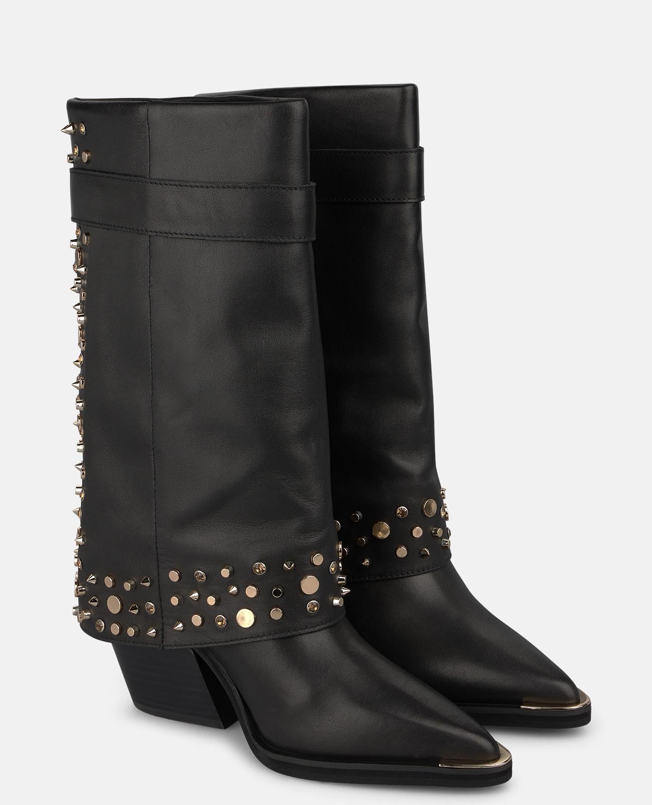 alma-en-pena-leder-boots-schwarz-mit-nieten-cowboy-heel-boots-8-cm-blockabsatz image 2