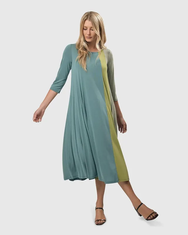 alembika-tricolor-trapeze-maxi-dress-teal-celery-jerseykleid image 1