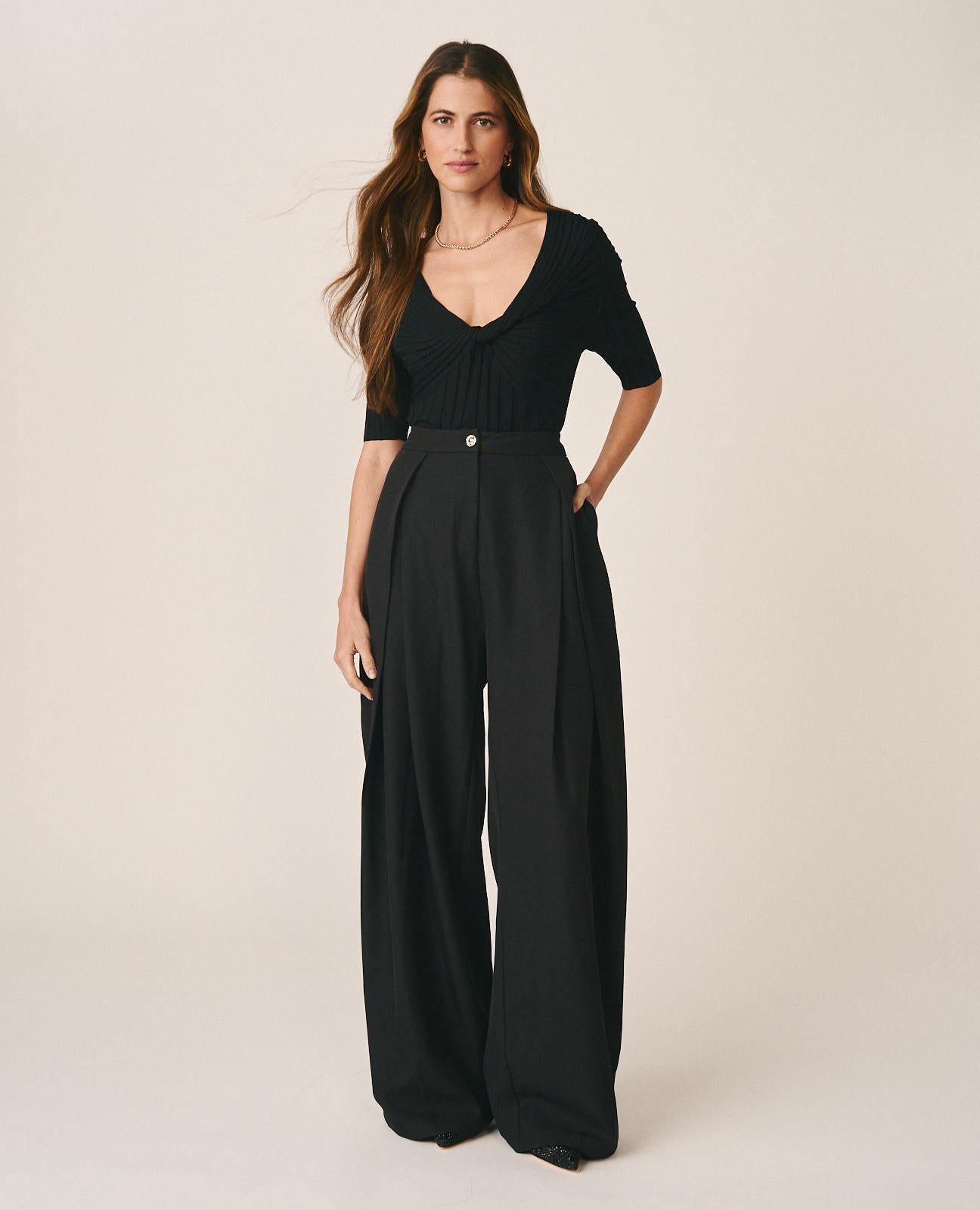 alma-en-pena-twill-hose-mit-b-gelfalten-schwarz-weites-bein image 1