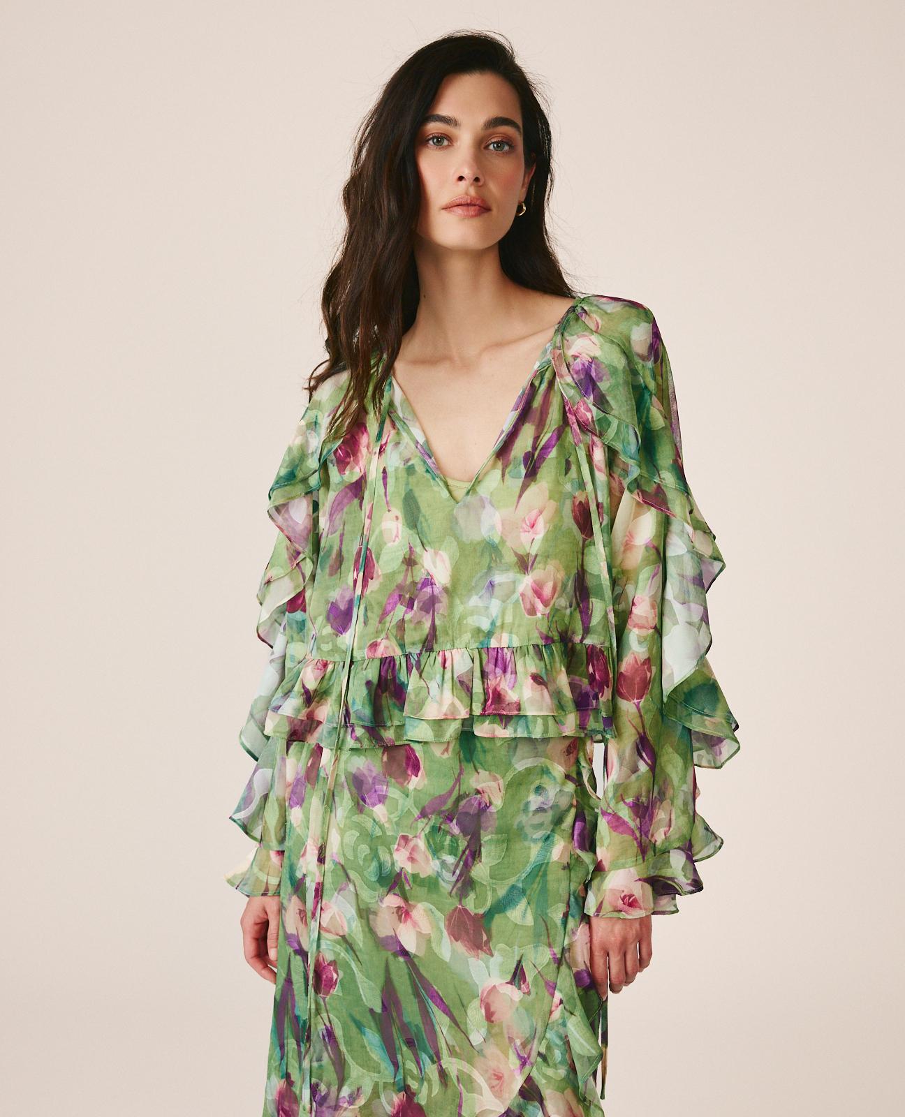 alma-en-pena-ruffle-sleeve-bluse-chiffon-bluse-mit-r-schen-v-ausschnitt-gr-n image 5