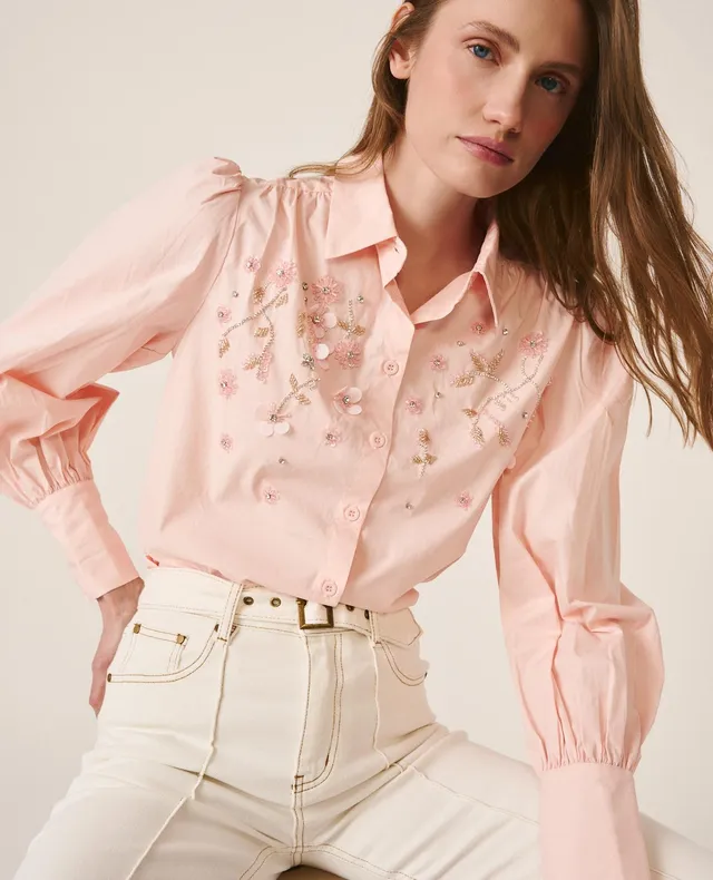 alma-en-pena-bluse-rosa-mit-strass-blumen-langarm-baumwoll-poplin-hemd image 1